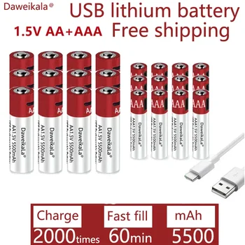 AA + AAA 2021 yeni büyük kapasiteli 5500mah şarj edilebilir lityum iyon batarya AA 1.5 V USB hızlı şarj lityum iyon batarya