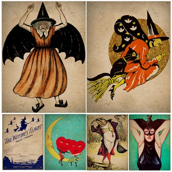 Fantastik Deco Ürpertici Cadı Ve Kedi Vintage duvar sanatı tuval yağlıboya Cadılar Uçuş Retro sanat posterleri Ve Baskı Ev Dekor