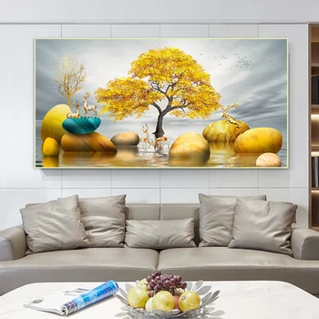 Altın Geyik Para Ağacı Cuadros Decorativos Posterler Çin Tarzı Natürmort Manzara Duvar Sanatı Resimleri Ev Dekorasyonu Tuval Boyama