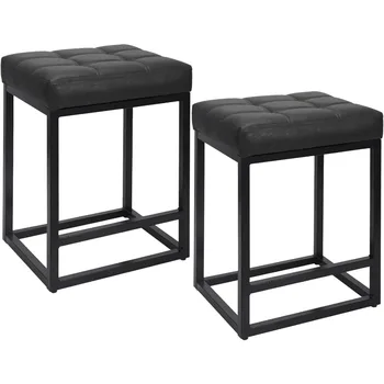 ErgoDesign 25 İnç Çerçeve Bar Tabureleri 2 Set, Sabit Yükseklik Metal Tabureler, Retro Deri Bar Sandalyeleri-Koyu Gri / 2 Sandalye