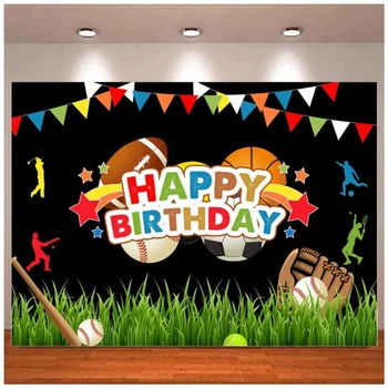 Mutlu Doğum Günü Fotoğraf Backdrop Renkli Yıldız Yazı Tahtası Arka Plan Beyzbol Futbol Basketbol Rugby Kek masa süsü