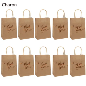 10 Adet Alışveriş Çantaları hediye keseleri Altın Folyo Teşekkür Ederim Kahverengi Kağıt kulplu çantalar Düğün Doğum Günü için Bebek Duş Parti İyilik