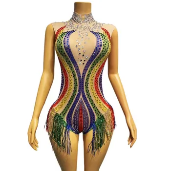 Renkli Rhinestones Püskül Bodysuit Seksi Şeffaf Sahne Performansı Kolsuz Leotard Latin Kutup dans kostümü