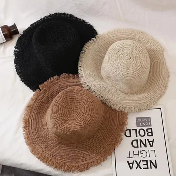 Moda Kadın Şapka Geniş Geniş Ağız Plaj güneş şapkaları ile Moda Katı siperlikli şapka hasır şapka Kadın Güneş Koruma Kova Şapka