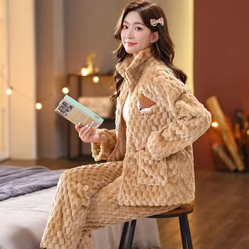 Bayanlar Mercan Kadife kışlık pijama Dış Giyim kadın Peluş Kalınlaşmak Karikatür Sıcak Loungewear Flanel Kad Ev Giyim Seti Pijama