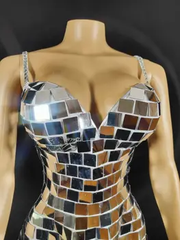 Gece Kulübü Sahne Performansı Giyim Modern Şarkıcı Parti Gösterisi Ayna Gümüş Elbise Streç Parti Elbiseler