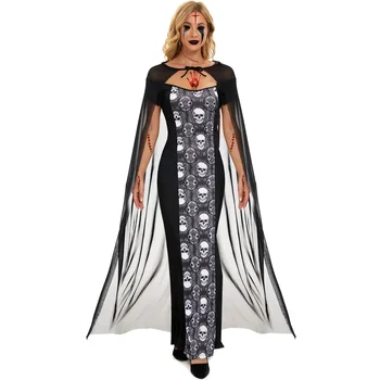 Vintage Cadılar Bayramı Cosplay Vampir Gotik Kostüm Hayalet Elbiseler Parti Kafatası Vampiress Elbise Pelerin