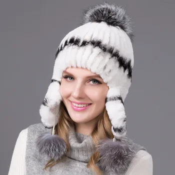 Gerçek Rex Tavşan Kürk Çim Şapka Gümüş Tilki Saç Örme Sıcak kulak koruyucu şapka Örme Şapka kadın Kış