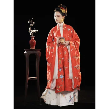 ShangGongYu Orijinal Ming Hanedanı Hanfu Elbise Kadınlar İçin Kırmızı Çiçek Kuş Nakış Büyük Kollu Pelerin Ve Beyaz At Yüz Etek