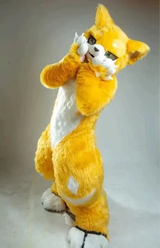 Fursuit Cadılar Bayramı Cosplay Takım Elbise Sarı Uzun Kürk Husky Köpek Tilki Maskot Kostüm Sevimli Japon Kedi Fursuit