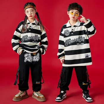 Çocuklar Hip Hop Çizgili Kazak Siyah Kargo Pantolon Rahat Turn-Aşağı Yaka Kazak Sokak Dans Giyim Seti Streetwear Kıyafetler