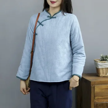 Kış Kısa Ceket Gevşek Artı Boyutu Pamuk Keten kadın Giyim Çin Tarzı Gömlek Kapitone Pan Toka Eğlence Sanat Tang Takım Elbise Üst