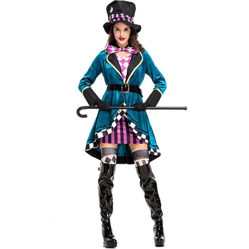 Alice in Wonderland Palyaço Çılgın Şapkacı yetişkinler için kostüm Kadın Tailcoat Ceket Sihirbaz Cosplay Cadılar Bayramı Karnaval Sihirli Elbise