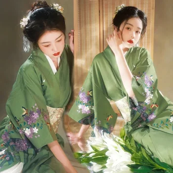 Japon Geleneksel Kimono Elbise Obi Baskı Çiçek Havadar Elbiseler Kostüm Kadınlar Bayanlar Geyşa Haori Yukata Kimono Elbise Takım Elbise