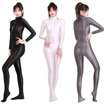 Seksi Iç Çamaşırı Kadın Parlak Yüksek Elastik Fermuar Açık Kasık Catsuit Bodysuit Tulumlar Gece gece elbisesi Fetiş Kostüm