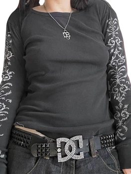 Duoyunn Kadınlar Uzun Kollu Gotik Kırpma Üstleri Crewneck İnce Grafik Tees Y2K Estetik Harajuku Gömlek Peri Grunge Sıkı T Shirt