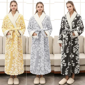 Gevşek Kimono Cep Kış Sıcak Kıyafeti Çift Polar Mercan Bornoz Pijama Sabahlık Kalınlaşmak Flanel Banyo Elbisesi