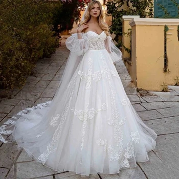 Lorencıa Puf Kollu Kapalı Omuz düğün elbisesi 2024 Dantel Aplike Bir Çizgi gelin kıyafeti Kadın gelinlik Vestido De Noiva YAW104