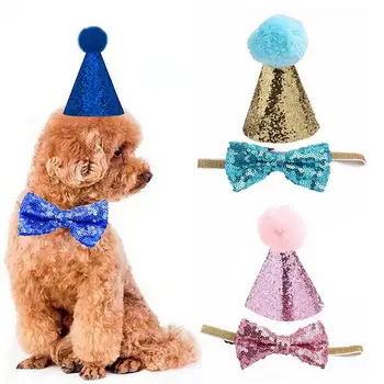 Pet Parti Şapka Yay Parlak Pullu Peluş Top Dekor Ayarlanabilir Elastik Bant Hafif Kafa Fotoğraf Prop Pet Doğum Günü Partisi kostümü