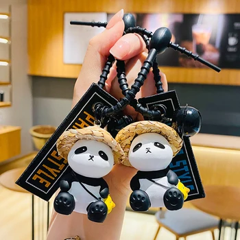 Hasır Şapka Buddy Panda Serisi El Halat Zincir Anahtarlık Çan Çanta Kolye Yaratıcı Karikatür Çift En İyi Arkadaşı Kolye Eşleştirme