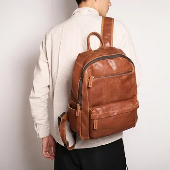 Yeni erkek deri sırt çantası kadın kafa deri 14 inç bilgisayar sırt çantası açık seyahat çantası
