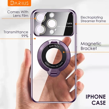 Şeffaf Manyetik Standı Telefon Kılıfları iPhone 13 12 11 14 15 Pro Max 15 Artı Kaplama Braketi Cam Lens Filmi Koruma Kapağı