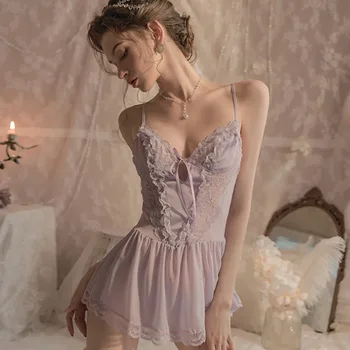 Yaz Düz Renk Pijama kadın Backless Dantel Seksi Gecelik İnce Salonu Seti İç Çamaşırı Gece Elbisesi Seksi Pijama Elbise