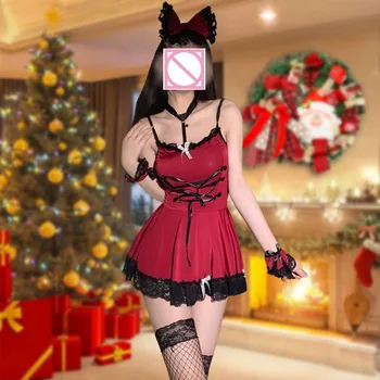 Kadın düz renk Noel iç çamaşırı seksi kostüm Backless elbise