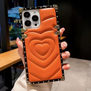 Kare kaplama 3D Aşk Kalp Deri Telefon Kılıfı için iPhone 15 14 13 12 11 Pro Max XR Artı Yumuşak Darbeye Dayanıklı Moda arka kapak