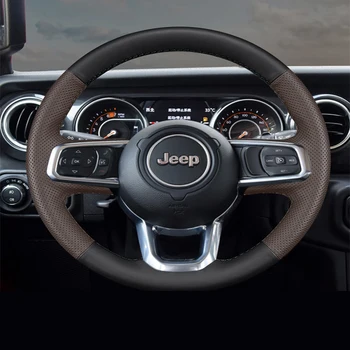 Kahverengi Siyah Hakiki Deri Jeep Wrangler 2018-2024 için El Dikiş Koruma Araba direksiyon kılıfı Araba Aksesuarları