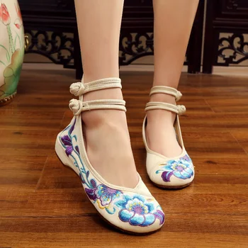 Retro Bayanlar Pamuk Çiçek Işlemeli Ayakkabı Balerin Kadın Rahat Ayakkabılar Çin Tarzı Konfor Yumuşak Dans Bale Daireler