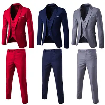 1 Takım Çekici Blazer Yelek pantolon seti Uzun Kollu Kıyafet resmi kıyafet Saf Renk Düğmeleri Erkek Takım Elbise