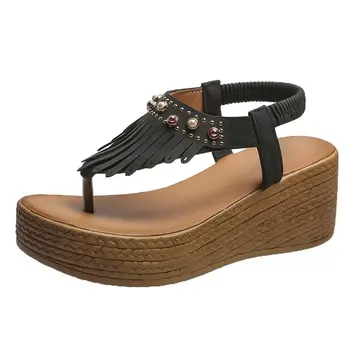 Yeni Saçak moda kama sandalet Püsküller Klip Ayak Yaz Kadın Sandalet alt Baskılı Takozlar Sandalet Kadın Kaymaz rahat ayakkabılar