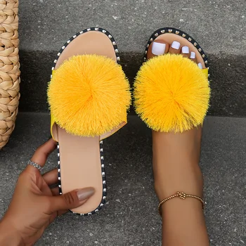 Yaz Moda kadın Terlik Düz Tabanlı Püskül Katı Peluş Yuvarlak Kafa Terlik Dış Giyim sandaletler ve terlikler