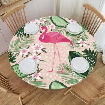 Flamingo Tropikal Yapraklar Masa Örtüsü Elastik Kenarlı, Yuvarlak Masa Örtüsü Su Geçirmez Masa Örtüsü Mutfak Yemek Parti Piknik