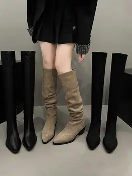 Med Topuk Çizmeler kadın ayakkabısı Takunya Platform Çizmeler-Kadınlar Bayanlar Sivri Sonbahar Over-the-Diz Kauçuk 2023 Dantel-Up Pamuklu Kumaş
