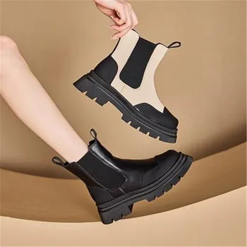 Yarım çizmeler Platformu Kadın İnek Deri Elastik Bant Yuvarlak Ayak Slip-On Sonbahar Kalın Taban Bayan Ayakkabıları El Yapımı 03A2244