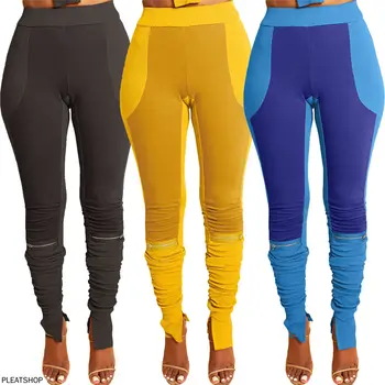 Kadın Pilili Kazık Pantolon, Küçük Çukur Şeritler, Kontrast Renk Ekleme Fermuar Rahat Spor, Yarık, Avrupa, Amerikan Giyim