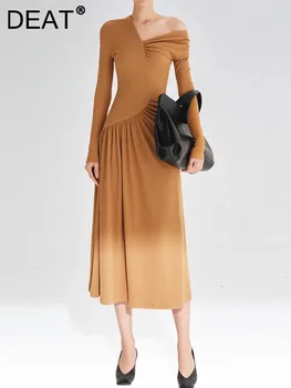 DEAT Zarif Elbise Asimetrik Tek Omuz Kat Bel Geri Çekme Düz Renk kadın elbiseleri 2024 Bahar Yeni Moda 17A6609