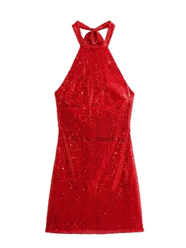 YENKYE Seksi Backless Halter Kırmızı Pullu İnce Elbiseler Kolsuz Kadın Noel Partisi Mini Elbise