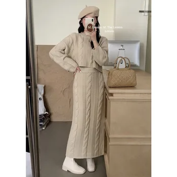 Sonbahar Kış kadın Sıcak Örme Takım Elbise Yuvarlak Boyun Uzun Kollu Kısa Kazak Kazak Elastik Bel Uzun Etek 2 adet Eşleşen Seti