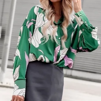 2023 Sonbahar Vintage Baskı Bluz Kadınlar Zarif Ofis Bayan Gevşek Uzun Kollu Gömlek Blusas Tops Moda Bluz Elbise Yeni 29100