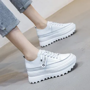 Kadın 5.5 cm Hakiki Deri Platformu Kama Ayakkabı Tıknaz Sneaker Beyaz rahat ayakkabılar Rahat Nefes Bahar Sonbahar Ayakkabı