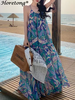 Horetong yaz elbisesi Kadın Kolsuz Backless Baskı Halter Uzun Elbiseler 2023 Yeni Zarif Seksi tatil elbisesi Gevşek Rahat