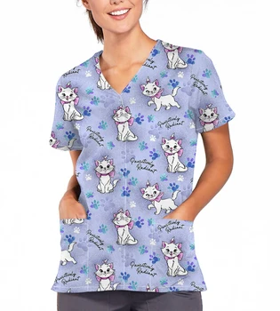 Yeni Yaz kadın ceketi Noel Karikatür Cep V Yaka Baskı Fırçalama Üst Baskı Disney Mary Kedi Üniforma Hırka T-Shirt