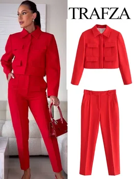 TRAFZA Sonbahar Kış Kadın Moda Tek Göğüslü Turn Down Yaka Kırmızı Mont + Rahat Ofis Bayan Ince Pantolon 2 Parça Suit