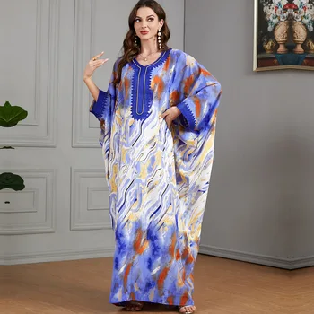 Moda Kravat boyalı Batwing Kollu Abaya Elbise Kadınlar için Büyük Boy Bant Trim V Boyun Fas Dubai Türkiye Arap Elbise Renk