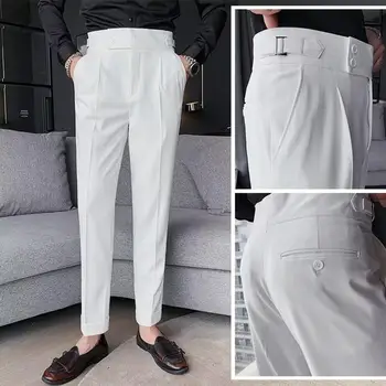 Düğme Metal Trim Pantolon Düz bacak Pantolon Klasik erkek Ofis Pantolon Slim Fit Yüksek Bel Vintage Cepler Resmi