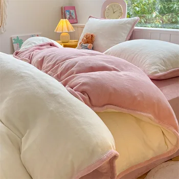 Japon Basit Düz Renk Yorgan yatak örtüsü seti Kış Kalın Süt Kadife Sıcak Nevresim Yastık Kılıfı 4 adet Lüks nevresim takımı