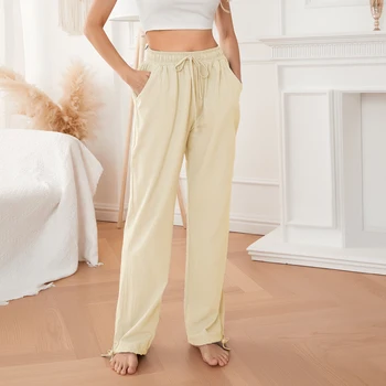 Kadın Rahat Geniş Bacak Uzun pantolon Moda İpli Elastik Bel Düz Renk Gevşek Pantolon Streetwear
